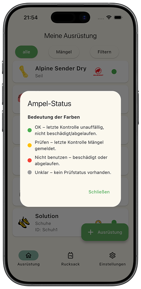 Sicherheitsstatus der Ausrüstung mit Ampelsystem