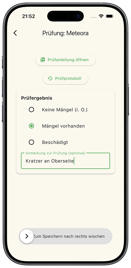 PSA Prüfprotokoll mit dokumentierten Kontrollen