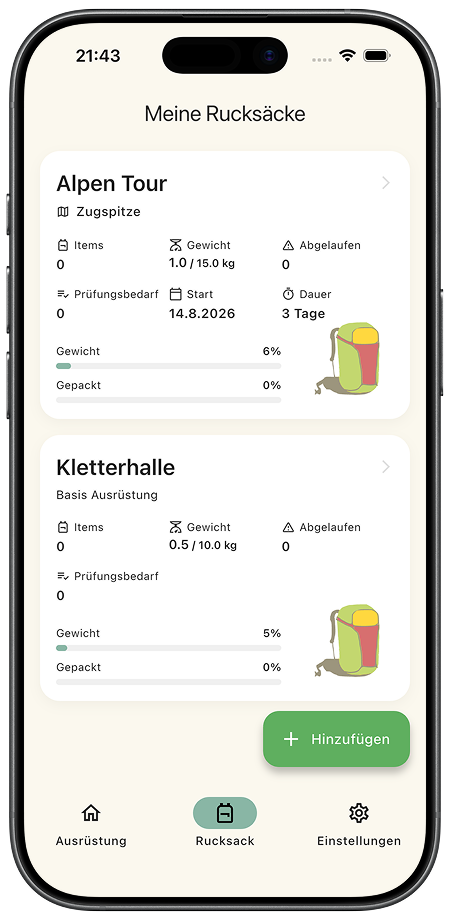 Virtueller Rucksack mit Packliste und Gesamtgewicht